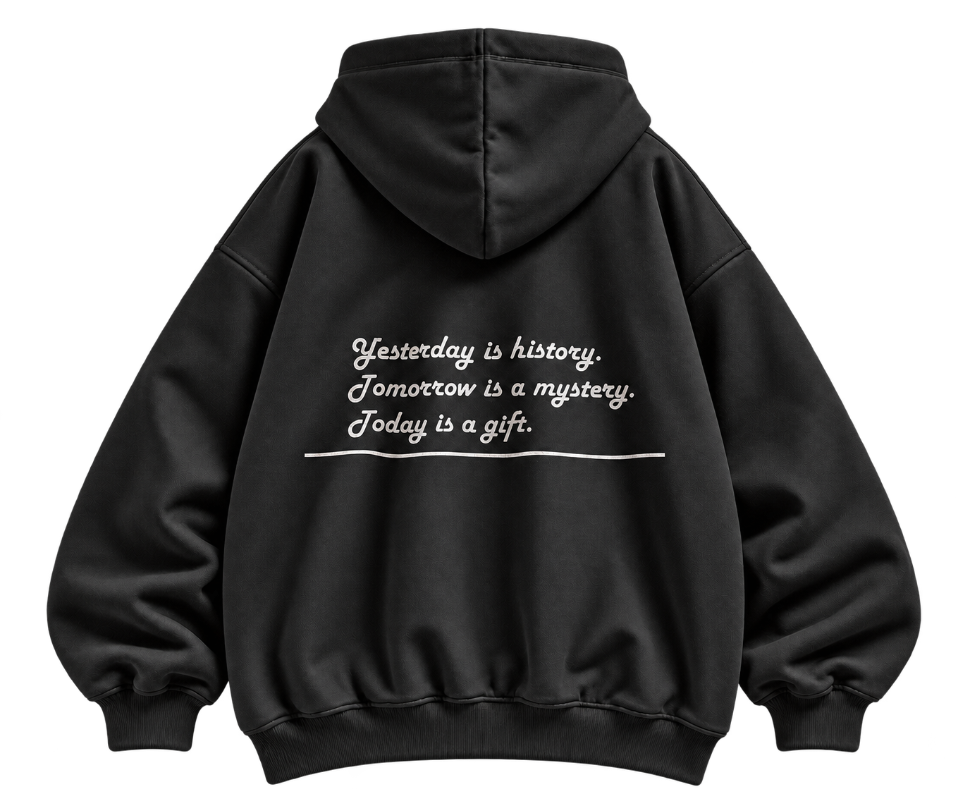 Black Zip Hoodie, back with quote and underline