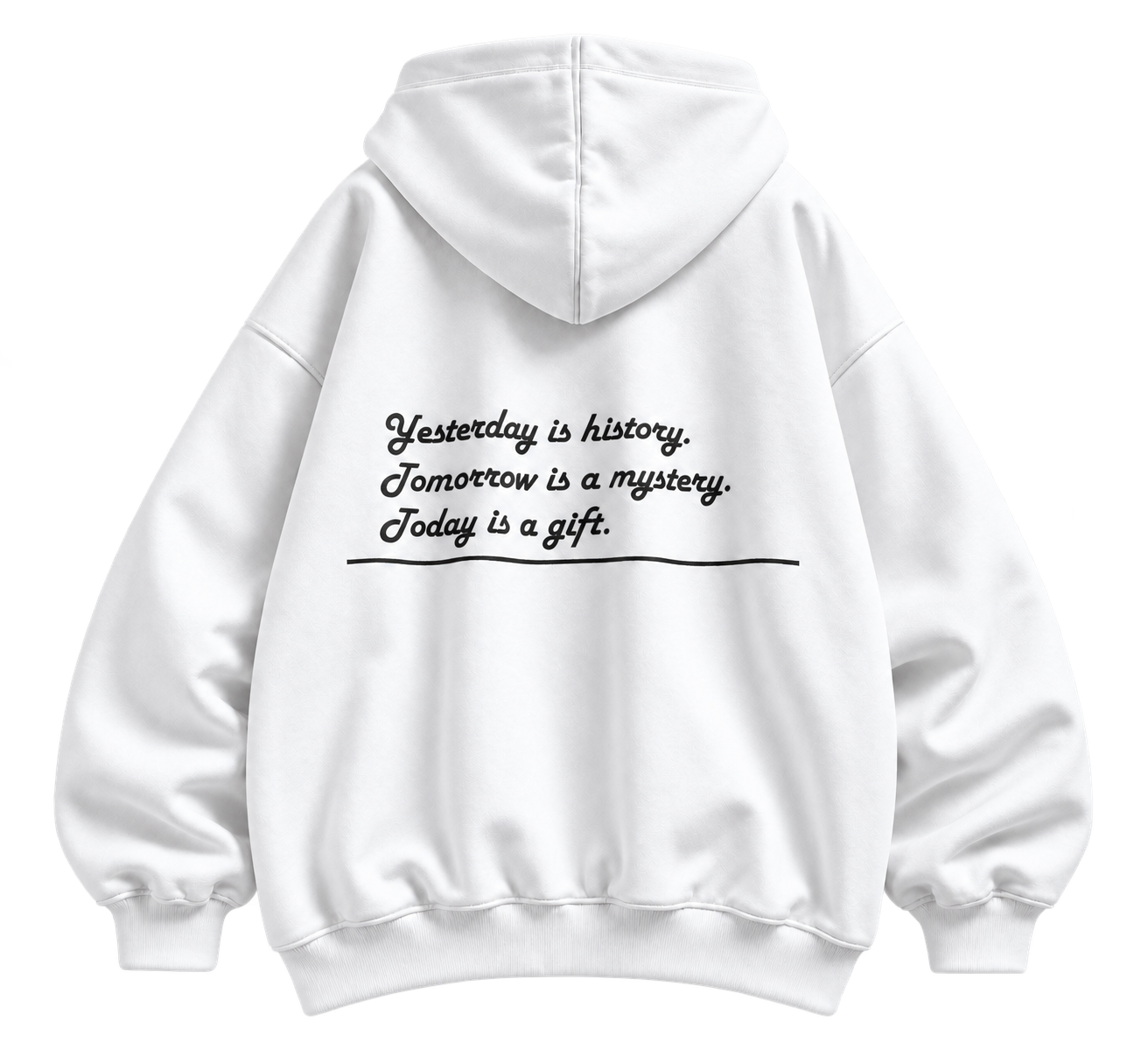 White Zip Hoodie, back with quote and underline